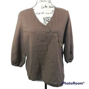 Neiman Marcus Brown Linen Asymmetrical Natural Neutral Blouse S